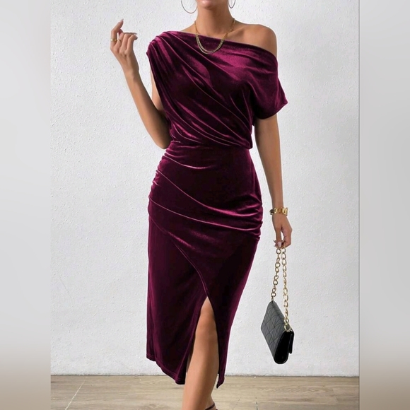 New Luxe Velvet Ruched Asymmetrical Neck Midi Dress Burgundy Red Wine - Picture 6 of 8